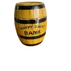 Vintage Wood Look Barrel Tin Litho J. Chein Co USA Happy Days Coin Bank Rare Key